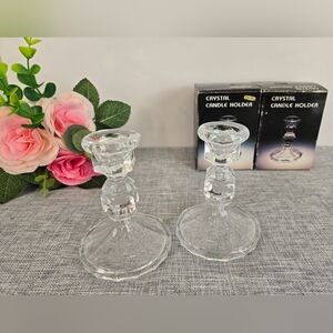 Vintage Pair of Clear‎ Glass Tapered Candle Holders 4" Tall x 3" Wide, New